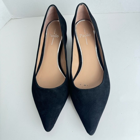 Linea Paola Bardot Pointed Toe Black Suede Pump Stacked Heel Shoe - Picture 1 of 10